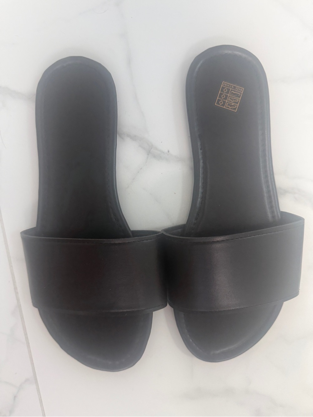 Black Slide Sandals for Women - Minimal Leather Look - Picture 2 of 2
